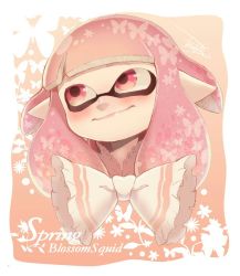 Rule 34 | 1girl, blush, bow, bug, butterfly, closed mouth, inkling, inkling girl, inkling player character, insect, isamu-ki (yuuki), lace, long hair, looking away, nintendo, pink eyes, pink hair, pink lips, pointy ears, smile, solo, splatoon (series), tentacle hair, upper body, white bow