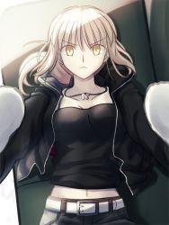 Rule 34 | 1girl, animal, artoria pendragon (all), artoria pendragon (fate), belt, belt buckle, black jacket, black shirt, blonde hair, breasts, buckle, cavall the 2nd, closed mouth, collarbone, commentary request, couch, dog, fate/grand order, fate (series), hair between eyes, highres, hood, hood down, hooded jacket, jacket, jewelry, looking at viewer, low ponytail, lying, navel, necklace, official alternate costume, ponytail, saber alter, saber alter (ver. shinjuku 1999) (fate), shirt, shoori (migiha), short hair, shorts, sleeveless, sleeveless shirt, white belt, white dog, yellow eyes