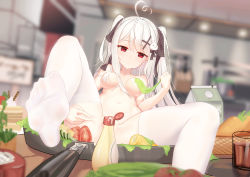 Rule 34 | 1girl, absurdres, ahoge, bad id, bad pixiv id, blush, bow, breasts, cake, cake slice, chinese commentary, collarbone, convenient censoring, corn, cucumber, cucumber slice, drink, eyelashes, feet, food, foot focus, foreshortening, frying pan, glass, groin, hair between eyes, hair bow, hair ornament, highres, in container, ketchup bottle, leg up, lettuce, long hair, looking at viewer, lying, mayonnaise, mayonnaise bottle, medium breasts, milk carton, navel, niliu chahui, no shoes, nude, original, parted lips, presenting, pussy, qianduan mozhi, red eyes, sidelocks, sitting, small breasts, soles, solo, spread legs, spread pussy, stomach, thighhighs, toenails, toes, tokisaki mio (niliu chahui), tomato, very long hair, white hair, white thighhighs, x hair ornament