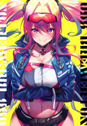 Rule 34 | 1girl, arms under breasts, azur lane, bikini, bikini under clothes, black shorts, blue jacket, blush, breasts, bremerton (azur lane), character name, choker, cleavage, closed mouth, crop top, crossed arms, eyes visible through hair, eyewear on head, from above, fukai ryosuke, hair between eyes, hair intakes, headgear, highleg, highleg bikini, highres, jacket, large breasts, licking lips, long hair, looking at viewer, midriff, mole, mole on breast, mole under eye, multicolored hair, multicolored shirt, navel, navel piercing, piercing, pink bikini, red-tinted eyewear, red bikini, red hair, short shorts, shorts, smile, solo, standing, strap, streaked hair, swimsuit, thick thighs, thigh strap, thighs, tinted eyewear, tongue, tongue out, two side up, yellow background