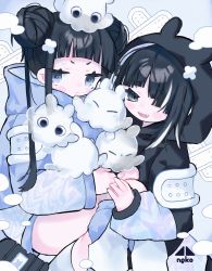 Rule 34 | 2girls, bandaid, black hair, blue background, blue eyes, blush, cotono (nazekun), creature, creature on head, double bun, fang, grey eyes, hair bun, hair over one eye, highres, holding, holding creature, holographic clothing, hood, hoodie, long hair, long sleeves, looking at viewer, multicolored hair, multiple girls, open mouth, original, short hair, shorts, sitting, smile, streaked hair, sweat