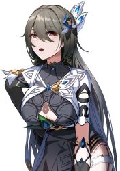 Rule 34 | 1girl, breasts, cleavage, cleavage cutout, clothing cutout, green hair, hair ornament, highres, honkai (series), honkai impact 3rd, kamishiro noa, large breasts, long hair, open mouth, red eyes, simple background, vita (honkai impact), white background