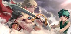 Rule 34 | 2boys, alternate costume, alternate weapon, bakugou katsuki, beige shirt, blonde hair, boku no hero academia, cape, clenched teeth, cloud, commentary request, detached sleeves, earrings, fantasy, freckles, green eyes, green hair, highres, holding, holding sword, holding weapon, jewelry, looking to the side, male focus, midoriya izuku, multiple boys, necklace, orange sleeves, outdoors, red cape, saber (weapon), shirt, short hair, spiked hair, sweater vest, sword, tattoo, teeth, topless male, upper body, weapon, yoshio (55level)