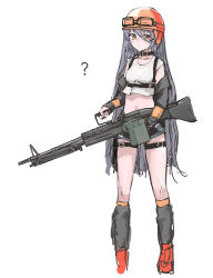 Rule 34 | 1girl, ?, absurdres, ammunition box, black legwear, blue shorts, breasts, brown eyes, choker, closed mouth, detached sleeves, full body, general-purpose machine gun, girls&#039; frontline, goggles, goggles on headwear, grey hair, gun, helmet, highres, holding, holding weapon, long hair, looking at viewer, m60, m60 (girls&#039; frontline), machine gun, midriff, orange footwear, orange headwear, rampart1028, shoes, short shorts, shorts, simple background, small breasts, solo, standing, tank top, thigh strap, very long hair, weapon, white background, white tank top