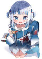 Rule 34 | 1girl, :d, backpack, bag, bloop (gawr gura), blue eyes, blue hair, blue hoodie, blush, child, food, gawr gura, gawr gura (1st costume), hair ornament, highres, holding, holding food, hololive, hololive english, hood, hoodie, long sleeves, looking at viewer, multicolored hair, noi mine, open mouth, pizza, pizza slice, shadow, shark hair ornament, sharp teeth, silver hair, simple background, smile, solo, streaked hair, teeth, two-tone hair, two side up, upper teeth only, virtual youtuber, white background