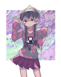Rule 34 | 1girl, abstract background, amezaiku (ll rain ll), blush, bow, braid, brown hair, chromatic aberration, collarbone, contrapposto, cowboy shot, eyelashes, ghost pose, hair behind ear, hair between eyes, hair bow, half-closed eyes, hands up, head tilt, highres, long hair, long sleeves, looking at viewer, madotsuki, miniskirt, nose blush, open mouth, pink sweater, pleated skirt, red eyes, red skirt, skirt, sleeves past wrists, solo, standing, straight-on, sweater, tareme, triangular headpiece, twin braids, twintails, unusually open eyes, white background, yume nikki