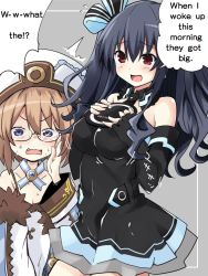 Rule 34 | 2girls, alternate breast size, amazed, bare shoulders, black hair, blanc (neptunia), blue eyes, breasts, brown hair, cleavage, coat, collar, dress, fang, gloves, grabbing, grabbing another&#039;s breast, grave background, hat, iwashi dorobou -r-, large breasts, long hair, multiple girls, neck, neptune (series), open mouth, red eyes, ribbon, short hair, skirt, small breasts, smile, surprised, thighs, tsundere, twintails, two side up, uni (neptunia)