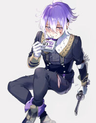 Rule 34 | 1boy, black footwear, black jacket, black pants, blood, blood on face, boots, drinking straw, drinking straw in mouth, gloves, grey background, holding, holding sword, holding weapon, houhou (black lack), jacket, male focus, minamoto kiyomaro, pants, pointy ears, purple eyes, purple hair, short hair, sitting, solo, sword, torn clothes, torn pants, touken ranbu, weapon, white gloves, white hair