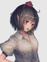 Rule 34 | 1girl, :o, black hair, breasts, fjsmu, grey background, hair between eyes, hat, head tilt, highres, looking down, looking to the side, open mouth, pointy ears, puffy short sleeves, puffy sleeves, red eyes, shameimaru aya, shirt, short hair, short sleeves, simple background, small breasts, solo, tokin hat, touhou, upper body, white shirt