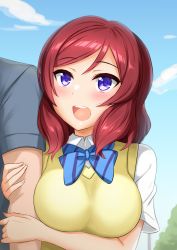Rule 34 | 1boy, 1girl, :d, arm hug, blush, bow, bowtie, breast press, breasts, commentary request, hair between eyes, highres, kibihimi, large breasts, looking at another, love live!, love live! school idol project, nishikino maki, open mouth, purple eyes, red hair, school uniform, shirt, short hair, short sleeves, smile, solo focus, sweater, swept bangs, white shirt, yellow sweater