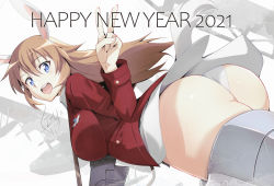 Rule 34 | 1girl, 2021, animal ears, ass, bad id, bad pixiv id, blue eyes, breasts, charlotte e. yeager, from behind, gun, happy new year, holding, holding weapon, jacket, jet yowatari, large breasts, long hair, looking at viewer, looking back, new year, open mouth, orange hair, panties, rabbit ears, rabbit girl, red jacket, shiny skin, smile, strike witches, striker unit, underwear, v, weapon, white panties, world witches series