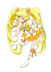 Rule 34 | 1girl, ;), blonde hair, boots, bow, brooch, choker, closed mouth, color connection, commentary request, cosplay, cropped shirt, cure sunshine, cure sunshine (cosplay), curly hair, finger to face, frilled cuffs, frilled sleeves, frills, green eyes, hand on own hip, heart, heart brooch, heartcatch precure!, high heel boots, high heels, highres, ichinose minori, in-franchise crossover, jewelry, kayabakoro, knee boots, leg up, long hair, looking at viewer, magical girl, midriff, navel, one eye closed, orange bow, orange choker, orange skirt, precure, puffy short sleeves, puffy sleeves, in-franchise crossover, shirt, short sleeves, simple background, skirt, smile, solo, standing, standing on one leg, tropical-rouge! precure, twintails, very long hair, white background, white footwear, white shirt