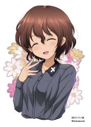 Rule 34 | 10s, 1girl, akaboshi koume, brown hair, closed eyes, commentary, cropped torso, dated, dress shirt, facing viewer, floral background, girls und panzer, grey shirt, highres, kuromorimine school uniform, long sleeves, one-hour drawing challenge, open mouth, school uniform, shiina excel, shirt, short hair, smile, solo, standing, twitter username, upper body, wavy hair