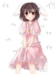Rule 34 | 1girl, animal ears, brown hair, carrot necklace, female focus, inaba tewi, jewelry, necklace, rabbit ears, red eyes, simple background, solo, touhou, white background, yatomi