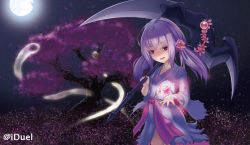 Rule 34 | &gt;:d, 1girl, :d, cherry blossoms, duel monster, flower, full moon, ghost reaper &amp; winter cherries, hair flower, hair ornament, hitodama, holding, holding weapon, japanese clothes, jiguang zhi aoluola, kimono, light purple hair, long hair, looking at viewer, moon, night, open mouth, red eyes, sash, scythe, shaded face, smile, solo, torn clothes, twintails, v-shaped eyebrows, weapon, wide sleeves, yu-gi-oh!