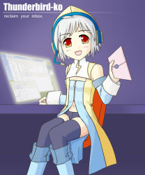 Rule 34 | 1girl, bare shoulders, black thighhighs, blue footwear, boots, computer, detached sleeves, envelope, hat, headphones, headset, knee boots, letter, long sleeves, looking at viewer, mozilla thunderbird, navel, os-tan, personification, red eyes, screen, short hair, short shorts, shorts, silver hair, sitting, smile, solo, table, thighhighs, thunderbird-tan, zettai ryouiki, zipper