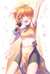 Rule 34 | 1girl, ;d, arm up, bike shorts, black shorts, breasts, brown eyes, china dress, chinese clothes, commission, copyright request, dress, highres, holding, holding microphone, ittokyu, looking at viewer, microphone, one eye closed, open mouth, orange dress, orange hair, pelvic curtain, ponytail, shoes, unworn shoes, short shorts, shorts, signature, small breasts, smile, solo, virtual youtuber, white dress