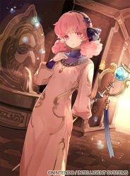 Rule 34 | 1girl, company name, curly hair, dress, fire emblem, fire emblem cipher, fire emblem echoes: shadows of valentia, flower, fountain, genny (fire emblem), hairband, jewelry, kotetsu (popeethe), long hair, necklace, nintendo, official art, pink eyes, pink hair, solo, sparkle, staff