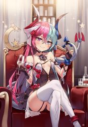 Rule 34 | 1girl, aliceblue, anklet, armchair, blue eyes, blue hair, bottle, breasts, chair, cup, dress, drinking glass, feet out of frame, flower, garter straps, gloves, hair between eyes, hair flower, hair ornament, hair ribbon, head tilt, heterochromia, highres, holding, holding cup, honkai (series), honkai impact 3rd, horns, index finger raised, jewelry, liliya olenyeva, long hair, looking at viewer, multicolored hair, multiple tails, pink hair, purple eyes, red flower, red rose, ribbon, ring, rose, rozaliya olenyeva, sidelocks, sitting, small breasts, smile, split theme, star (symbol), tail, thick eyebrows, thighhighs, two-tone hair, white thighhighs