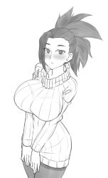 Rule 34 | 1girl, blush, boku no hero academia, bralines, breasts, commentary, eyes visible through hair, greyscale, large breasts, long hair, long sleeves, monochrome, ponytail, ribbed sweater, solo, sweater, twrlare, v arms, yaoyorozu momo