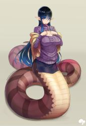 Rule 34 | 1girl, breasts, center opening, cleavage, cleavage cutout, clothing cutout, hair ornament, krokobyaka, lamia, large breasts, long hair, long tongue, looking at viewer, monster girl, multicolored hair, pink hair, pointy ears, shawl, shirt, skirt, snake, solo, sweater, tongue, tongue out, very long hair