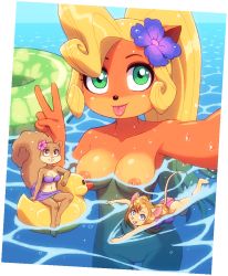 Rule 34 | 3girls, animal ears, animal nose, blonde hair, blue eyes, breasts, brown eyes, chip &#039;n dale rescue rangers, cleft of venus, coco bandicoot, crash bandicoot (series), flower, flower on head, furry, gadget hackwrench, green eyes, highres, innertube, kempferzero, long hair, mini person, minigirl, mouse ears, mouse tail, multiple girls, navel, nipples, partially submerged, ponytail, pussy, rubber duck, sandy cheeks, size difference, spongebob squarepants (series), squirrel tail, swim ring, swimming, swimsuit, tail, tongue, tongue out, water, wet, wet clothes, wet hair