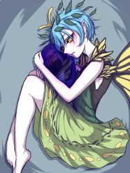 Rule 34 | 1girl, antennae, aqua hair, barefoot, blush, butterfly wings, dress, eternity larva, fairy, green dress, hair between eyes, highres, insect wings, leaf, leaf on head, miata (miata8674), multicolored clothes, multicolored dress, open mouth, pointy ears, short hair, single strap, solo, touhou, wings, yellow eyes