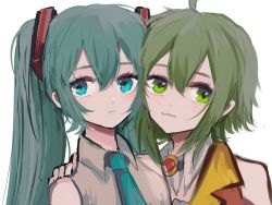 Rule 34 | 2girls, amulet, aqua eyes, aqua hair, aqua necktie, bare shoulders, collar, commentary, forehead-to-forehead, gomiyama, green eyes, green hair, grey shirt, gumi, hair ornament, hand on another&#039;s shoulder, hatsune miku, heads together, highres, jacket, long hair, multiple girls, necktie, orange jacket, parted lips, portrait, shirt, short hair, side-by-side, sidelocks, twintails, vocaloid, white background, white collar
