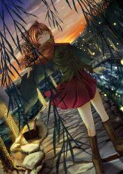 Rule 34 | 1girl, absurdres, blouse, boots, bridge, canal, cape, covering own mouth, dutch angle, fireflies, haru-kun, highres, knee boots, long sleeves, looking at viewer, one eye closed, orange eyes, outstretched arm, path, red hair, road, rock, sekibanki, shirt, short hair, skirt, solo, sunset, touhou, willow