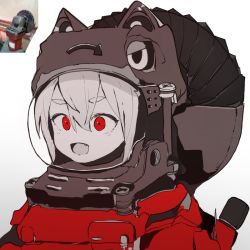Rule 34 | 1girl, :d, animal ears, animal ears helmet, cat ears, circular saw, ddari, fang, helmet, limited palette, open mouth, original, personification, photo inset, red eyes, reference inset, reference photo, saw, simple background, smile, solo, space helmet, white background