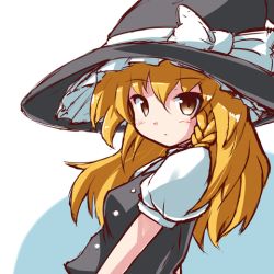 Rule 34 | 1girl, blonde hair, blush, expressionless, hat, hat ribbon, kirisame marisa, leaning back, long hair, looking at viewer, lowres, puffy short sleeves, puffy sleeves, ribbon, ryogo, short sleeves, simple background, sketch, solo, touhou, two-tone background, upper body, vest, witch hat, yellow eyes