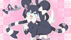 Rule 34 | 1girl, :3, all fours, animal hands, animal nose, asymmetrical sleeves, black dress, black hair, black panties, black thighhighs, blue sclera, blush, blush stickers, body fur, bow, bowtie, character name, colored sclera, creatures (company), double bun, dress, drunkoak, english text, fangs, female focus, flat chest, furry, furry female, fusion, game freak, gen 5 pokemon, gen 6 pokemon, gothorita, hair bow, hair bun, half-closed eyes, hand up, happy, highres, korean text, long sleeves, looking to the side, nintendo, open mouth, outline, panties, paw pose, pink background, pokemon, pokemon (creature), ribbon, short dress, short hair, sidelocks, skindentation, skull background, smile, solo, striped ribbon, sylveon, tail, thighhighs, traditional bowtie, underwear, uneven sleeves, white bow, white bowtie, white eyes, white fur, white outline