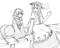 Rule 34 | :o, ?, bow, dress, drill hair, food, food on head, fruit, fruit on head, ganmaganmo, greyscale, hat, hinanawi tenshi, japanese clothes, kimono, layered dress, long dress, long hair, long skirt, monochrome, obi, object on head, open mouth, peach, pier, sad, sash, sitting, sketch, skirt, spoken question mark, touhou, very long hair, wakasagihime