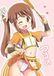 Rule 34 | 1girl, ;d, bad id, bad pixiv id, blunt bangs, blush, brown eyes, brown hair, cameltoe, clothes lift, contrapposto, cowboy shot, crop top, hand fan, highres, japanese clothes, lifted by self, long hair, magia record: mahou shoujo madoka magica gaiden, magical girl, mahou shoujo madoka magica, midriff, multiple girls, navel, one eye closed, open mouth, qm, skirt, skirt lift, smile, solo, standing, yui tsuruno