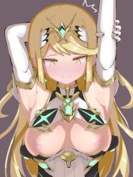 Rule 34 | 1girl, armor, armpits, arms up, blonde hair, blouse, blush, breasts, cleavage, cleavage cutout, closed mouth, clothing cutout, earrings, elbow gloves, gloves, highres, jewelry, kitami tsuzuka, large breasts, long hair, looking down, mythra (xenoblade), nervous, nintendo, nipples, open clothes, open shirt, shirt, shoulder armor, solo, xenoblade chronicles (series), xenoblade chronicles 2, yellow eyes