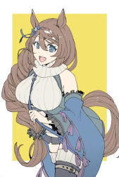 Rule 34 | 1girl, :d, animal ears, bare shoulders, black footwear, blue eyes, blue sleeves, boots, border, braid, braided ponytail, breasts, brown hair, brown sweater, enonko, highres, horse ears, horse girl, horse tail, large breasts, long hair, looking at viewer, open mouth, sleeveless, sleeveless turtleneck, smile, solo, super creek (umamusume), sweater, tail, thigh boots, thighhighs, turtleneck, turtleneck sweater, umamusume, white border, yellow background