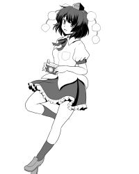 Rule 34 | 1girl, :d, ascot, black hair, camera, collared shirt, frilled skirt, frills, full body, geta, greyscale, hat, isaki (gomi), monochrome, open mouth, pom pom (clothes), puffy short sleeves, puffy sleeves, shameimaru aya, shirt, short hair, short sleeves, skirt, smile, socks, solo, standing, standing on one leg, tengu-geta, tokin hat, touhou, tsurime