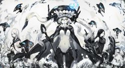 Rule 34 | 10s, 3girls, abyssal ship, bare shoulders, black gloves, black hair, bodysuit, cane, cape, colored skin, covered navel, enemy aircraft (kancolle), female focus, gloves, glowing, glowing eyes, headgear, highres, kantai collection, long hair, looking at viewer, machinery, monochrome, multiple girls, neckerchief, pale skin, ru-class battleship, saberiii, sailor collar, school uniform, serafuku, spot color, swimsuit, ta-class battleship, tentacles, white hair, white skin, wo-class aircraft carrier