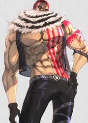 Rule 34 | 1boy, abs, absurdres, belt, bracelet, charlotte katakuri, gloves, hand on own hip, highres, jacket, jewelry, looking at viewer, looking down, male focus, mature male, muscular, muscular arms, muscular male, no shirt, one piece, ornament, pants, partially undressed, pectorals, red eyes, red hair, scar, scarf, scarf over mouth, solo, spiked bracelet, spikes, tattoo, threatening