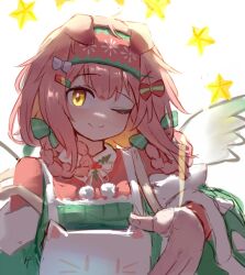 Rule 34 | 1girl, ;), animal ears, apron, ark bone, arknights, arm up, bow, braid, cat ears, christmas, diamond-shaped pupils, diamond (shape), floppy ears, goldenglow (arknights), goldenglow (maiden for the bright night) (arknights), green apron, green bow, hair bow, hair ornament, hairband, long hair, looking at viewer, official alternate costume, one eye closed, pink hair, pink hairband, pink sweater, print hairband, red bow, simple background, sketch, smile, solo, split mouth, star (sky), sweater, symbol-shaped pupils, upper body, white background, white bow, x hair ornament, yellow eyes