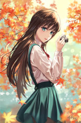 Rule 34 | 1girl, :d, absurdres, aqua eyes, aqua skirt, autumn, autumn leaves, bad id, bad pixiv id, brown hair, camera, collared shirt, from side, hair between eyes, highres, holding, holding camera, leaf, long hair, long sleeves, maple leaf, miniskirt, neck ribbon, open mouth, original, outdoors, pleated skirt, red ribbon, ribbon, school uniform, shirt, skirt, smile, solo, standing, straight hair, suspender skirt, suspenders, tooku0, very long hair, white shirt, wing collar