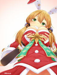 Rule 34 | 1girl, alternate costume, anchor hair ornament, animal ears, bad id, bad pixiv id, blonde hair, blush, breast hold, breasts, christmas, cleavage, elbow gloves, fingerless gloves, from below, gloves, grabbing own breast, gradient background, green eyes, grin, hair between eyes, hair ornament, kantai collection, large breasts, long hair, long sleeves, looking at viewer, prinz eugen (kancolle), rabbit ears, santa costume, sidelocks, simple background, smile, solo, star (symbol), suohachi, twintails