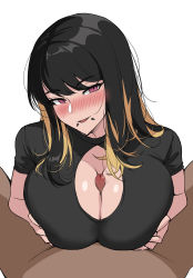 Rule 34 | 1boy, 1girl, absurdres, black hair, blur censor, blush, breasts, breasts squeezed together, censored, cleavage, cleavage cutout, clothing cutout, hella p, hetero, highres, huge breasts, long hair, looking at viewer, multicolored hair, nose blush, orange hair, original, paizuri, paizuri under clothes, parted lips, penis, piercing, pov, short sleeves, simple background, white background