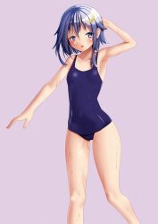 Rule 34 | 1girl, alternate costume, amano miyako, blue eyes, blue one-piece swimsuit, crescent, crescent hair ornament, feet out of frame, flat chest, gradient background, grey background, hair between eyes, hair ornament, highres, kantai collection, looking at viewer, narrow waist, one-piece swimsuit, purple hair, school swimsuit, short hair, short hair with long locks, simple background, solo, standing, swimsuit, yayoi (kancolle)