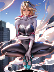 Rule 34 | 1girl, ballet slippers, blonde hair, blurry, blurry background, bodysuit, breasts, city, gwen stacy, hairband, highres, holding own arm, hood, hooded bodysuit, knees apart feet together, liang xing, looking at viewer, marvel, parted lips, smile, solo, spider-gwen, spider-man (series), tiptoes