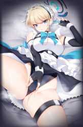 Rule 34 | 1girl, apron, black gloves, blonde hair, blue archive, blue bow, blue eyes, bow, bowtie, breasts, bun cover, dress, elbow gloves, fingerless gloves, frills, gloves, hair bun, halo, highres, kippuru, leotard, looking at viewer, lying, maid, maid headdress, medium breasts, on back, pussy, pussy juice, short hair, solo, spread legs, spread pussy, spread pussy under clothes, steam, steaming body, thigh strap, toki (blue archive), white apron