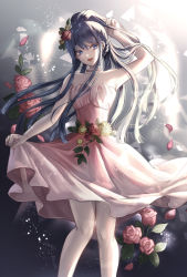 Rule 34 | 1girl, :d, bare arms, bare shoulders, blue eyes, blue hair, danganronpa: trigger happy havoc, danganronpa (series), danganronpa 10th anniversary costume, dress, feet out of frame, flower, gradient background, grey background, hair flower, hair ornament, hairclip, hand in own hair, hand up, highres, long hair, looking at viewer, maizono sayaka, official alternate costume, open mouth, pantyhose, petals, ponytail, red flower, school uniform, smile, solo, white pantyhose, z-epto (chat-noir86)