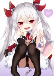 Rule 34 | 1girl, :d, arm support, azur lane, backpack, bag, bare shoulders, black dress, black footwear, black panties, black thighhighs, blue eyes, blue one-piece swimsuit, blush, boots, bow, brown hair, chain, collar, detached collar, detached sleeves, dress, fangs, garter straps, hair between eyes, hair ornament, hair ribbon, head tilt, heart, high heel boots, high heels, highres, holding, kokone (coconeeeco), long hair, long sleeves, looking at viewer, one-piece swimsuit, open mouth, panties, pornography, randoseru, red bow, red eyes, red ribbon, ribbon, school swimsuit, sidelocks, silver hair, simple background, sitting, slit pupils, smile, solo, swimsuit, thigh boots, thighhighs, translated, twintails, underwear, vampire (azur lane), very long hair, white background, white collar, wing collar