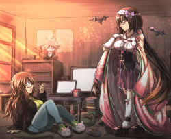 Rule 34 | 10s, 2girls, animal slippers, are you my master, bat (animal), book, book stack, bottle, bunny slippers, cat, computer, controller, cup, fate/extra, fate/extra ccc, fate/grand order, fate (series), glasses, handheld game console, highres, hikikomori, jinako carigiri, karna (fate), laptop, messy hair, mug, multiple girls, origami, osakabehime (fate), platform clogs, playstation portable, poster (object), stuffed toy, television, trait connection, zatou (kirsakizato)