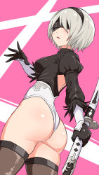 Rule 34 | 1girl, android, ass, blindfold, breasts, cougar (cougar1404), from behind, from below, gloves, hairband, huge ass, leotard, medium breasts, nier (series), nier:automata, parted lips, shiny clothes, shiny skin, short hair, sideboob, silver hair, smile, solo, sword, thick thighs, thighhighs, thighs, thong leotard, weapon, 2b (nier:automata)